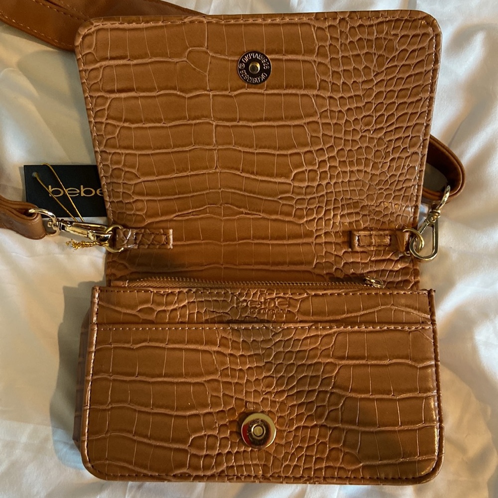bebe Croc Embossed Crossbody Bag Camel Brown Logo Y2K Shoulder Purse - Picture 12 of 15